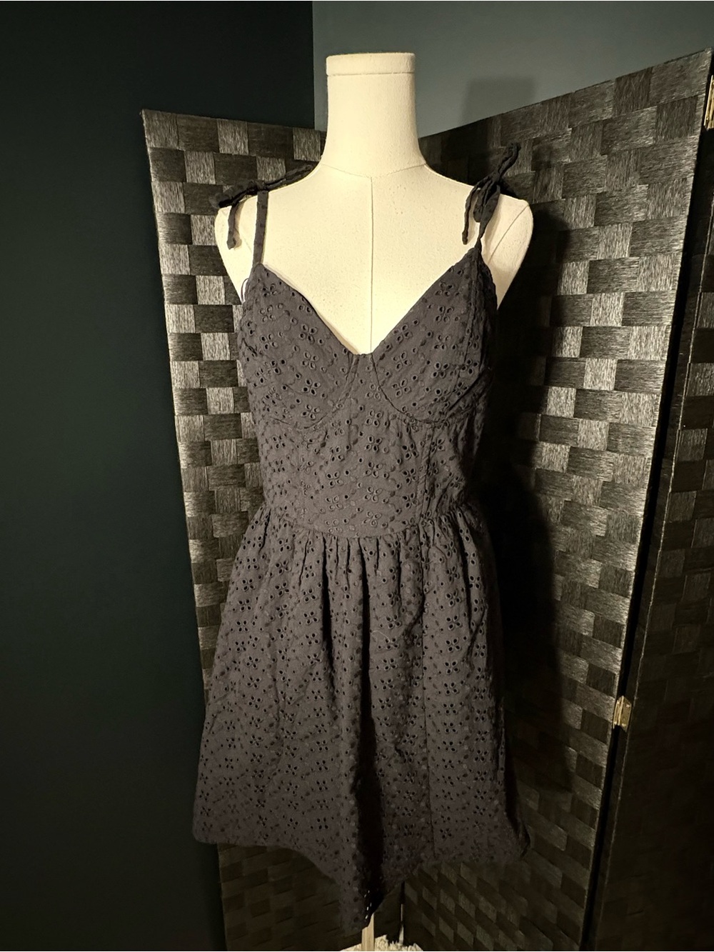 Self Esteem Black Eyelet Lace Corset Flare Sundress with Tie Straps